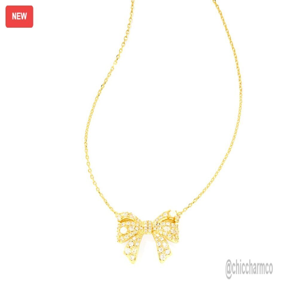 Gold Plated Bow Pendant Necklace with Crystals and Pearls, 17" Chain